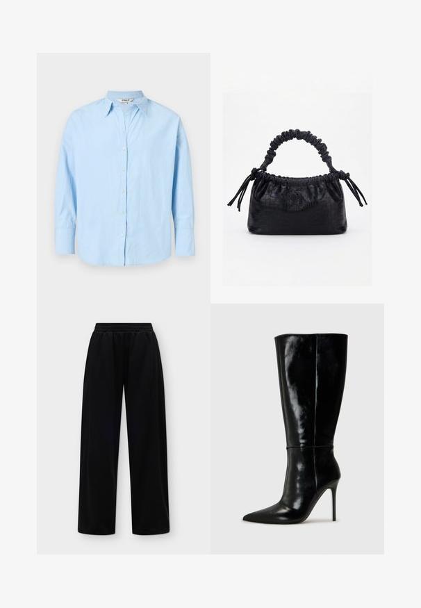 Chemise bleu clair à manches longues avec col pointu et poignets, présentée à plat avec tous les boutons fermés sauf le bouton supérieur ouvert.; Pantalon noir ample avec taille élastique et jambes larges, présenté à plat sur fond blanc.; Bottes noires en cuir, hautes jusqu'au genou, avec un bout pointu et un talon aiguille haut. Texture lisse et design épuré, avec un minimum de détails.; Sac à main noir avec texture crocodile, bord supérieur froncé, poignée plissée et pompons à cordon de chaque côté sur fond blanc.