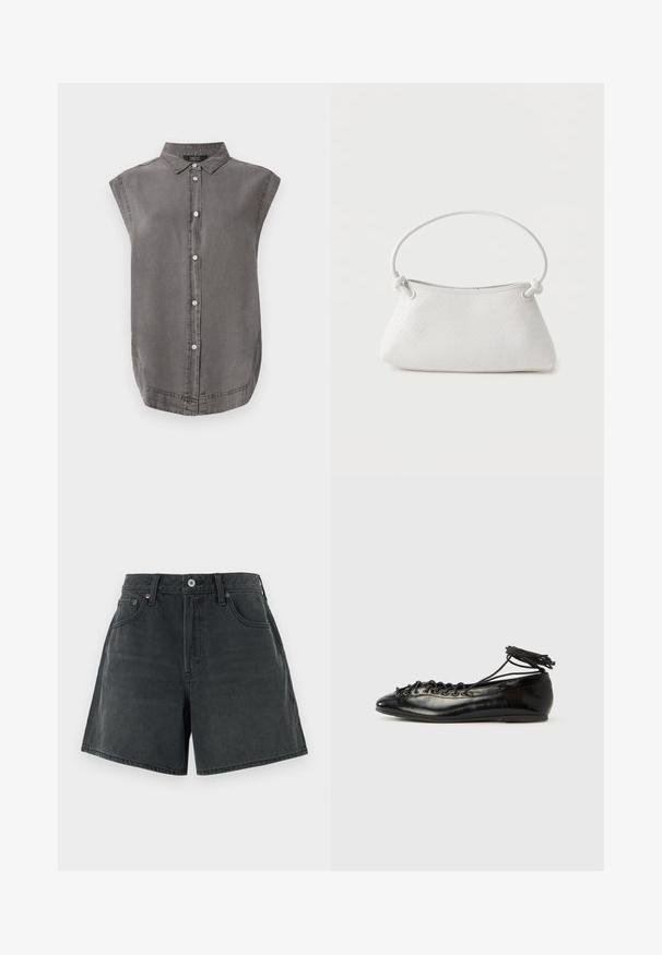 Grå ærmeløs skjorte med krave, frontknaplukning og buet kant. Lavet af blødt stof med en subtil tekstur.; Denim shorts i mørkegrå med høj talje, klassisk fem-lommers design og en ren, lige pasform med en let falmet tekstur.; Sorte balletflade sko i laklæder med rundet tå, snørelukning og flad sål. Glat tekstur med få detaljer.; Hvid fletlæderhåndtaske med afrundet håndtag og ender på remmen, der er knyttet, vist mod en ensfarvet baggrund.