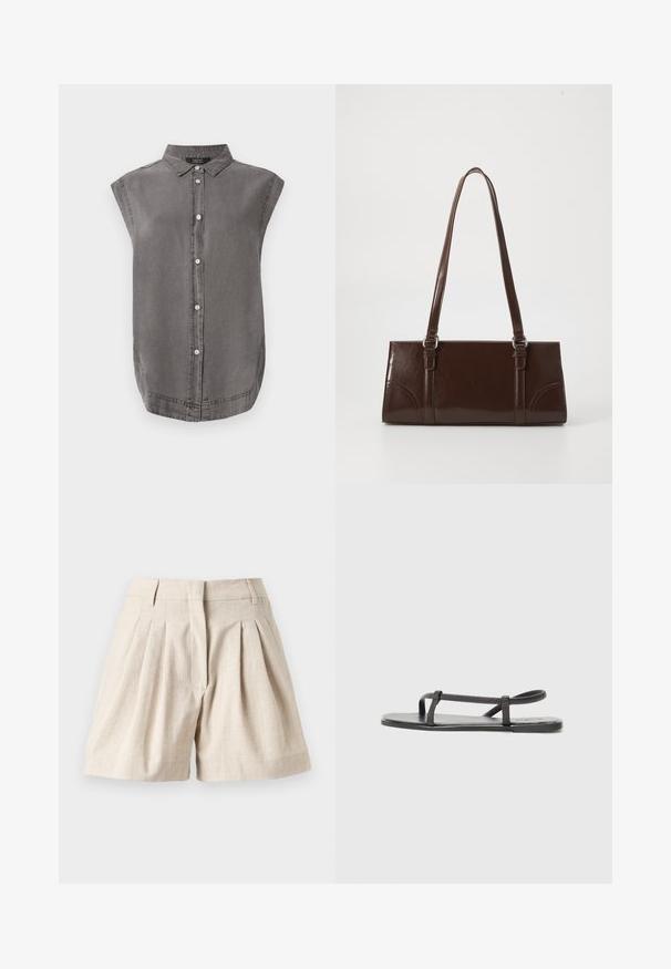Grijze mouwloze shirt met een kraaghals, knoopsluiting aan de voorkant en een gebogen zoom. Gemaakt van zacht materiaal met een subtiele textuur.; Beige hooggetailleerde geplooide shorts met riemlussen, ritssluiting aan de voorkant en een losse pasvorm op een effen lichtgrijze achtergrond.; Zwarte platte sandalen met dunne, gestructureerde banden en een minimalistisch ontwerp. De zool is glad en de algemene vorm is slank en ingetogen.; Bruine lakleren handtas met een rechthoekige vorm, twee lange handvatten en subtiele gebogen accenten aan de voorkant.