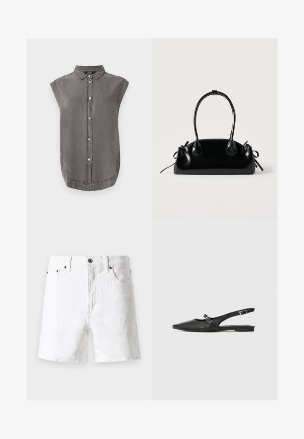 Grå ærmeløs skjorte med krave, frontknaplukning og buet kant. Lavet af blødt stof med en subtil tekstur.; Hvide denimshorts med klassisk design, fem-lomme stil, kobberknap-detaljer og en let tekstureret stoffinish.; Sorte læder slingback-sko med spids tå, med en smal rem og en sølvspænde-detalje på siden. Flad sål.; Lille sort blank håndtaske med to lange håndtag og snøre-detaljer i siden på en ensfarvet lys baggrund.
