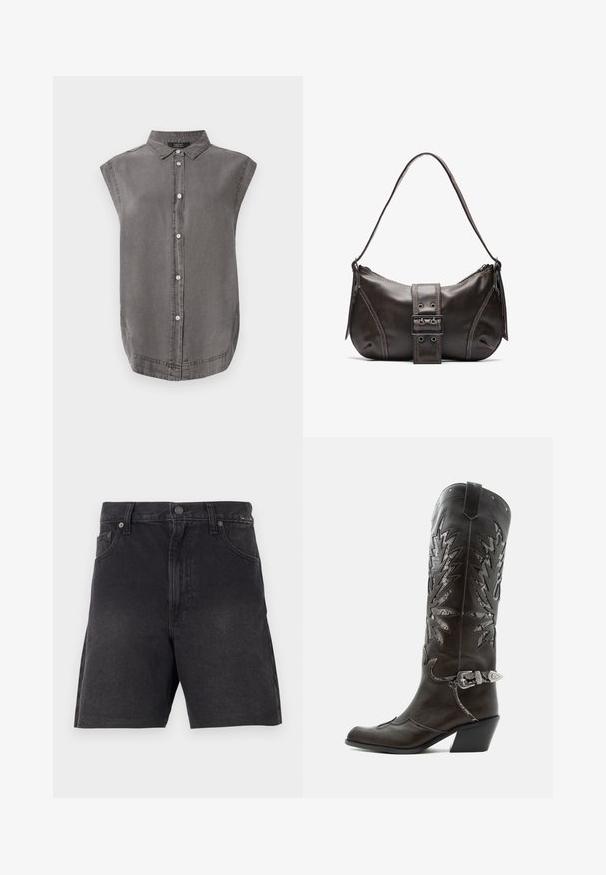 Grå ærmeløs skjorte med krave, frontknaplukning og buet kant. Lavet af blødt stof med en subtil tekstur.; Sorte denimshorts med lige snit, der har en knaplukning, frontlommer og et tekstureret stof. Minimalistisk design uden synlige mønstre.; Sort læder cowboystøvle med dekorative udskæringer, sølvspænde og skrå hæl, vist på hvid baggrund.; Brun læder skuldertaske med en buet form, der har et fremtrædende spænde, kontrasterende syninger og en enkelt skulderrem.