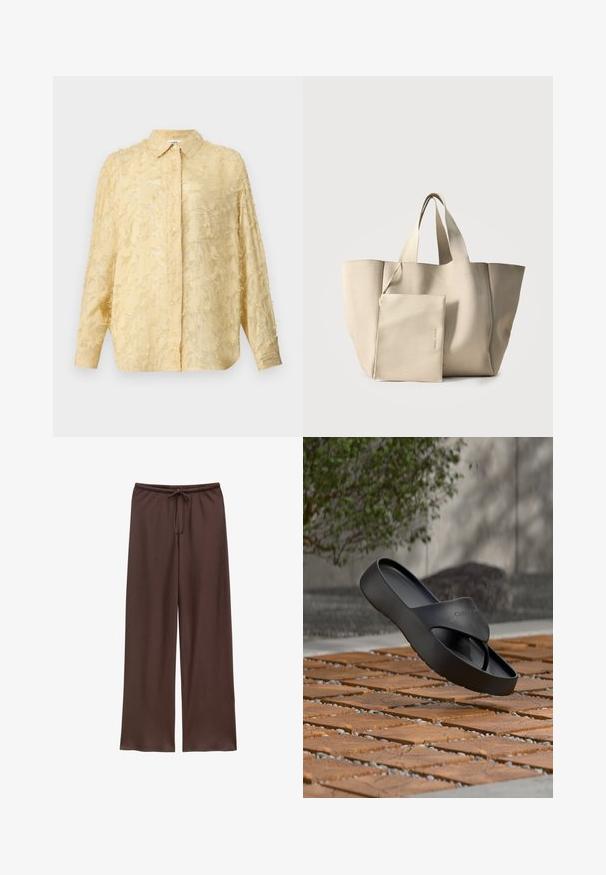 Lys gul bluse med lange ærmer, struktureret stof med frynset detaljer, knaplukning og markeret krave. Har en afslappet pasform.; Brune vidde bukser med elastisk talje og snørre, lavet af glat stof.; Sort Calvin Klein platform sandal, der svæver over mønstret træ- og stenudendørs gulv med sløret træ- og vægbaggrund.; Beige ribbet stofnettaske med to håndtag, ledsaget af en matchende lynlåspung placeret foran.