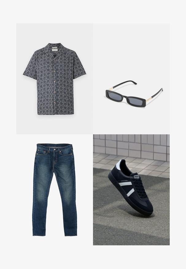 Kortærmet skjorte i marineblå med et hvidt abstrakt mønster, featuring knaplukning foran og krave. Blødt stof med en afslappet pasform.; Blå slim-fit denim jeans med fem lommer og afblegede områder på lårene og knæene.; Sort lædersneaker med hvide striber, tekstureret gummisål og snørrebånd foran. Har et brandet mærke på tungen.; Rektangulære sorte solbriller med mørke linser. Slanke, flade arme har en guldfarvet detalje. Glat plastisk ramme med mat finish.