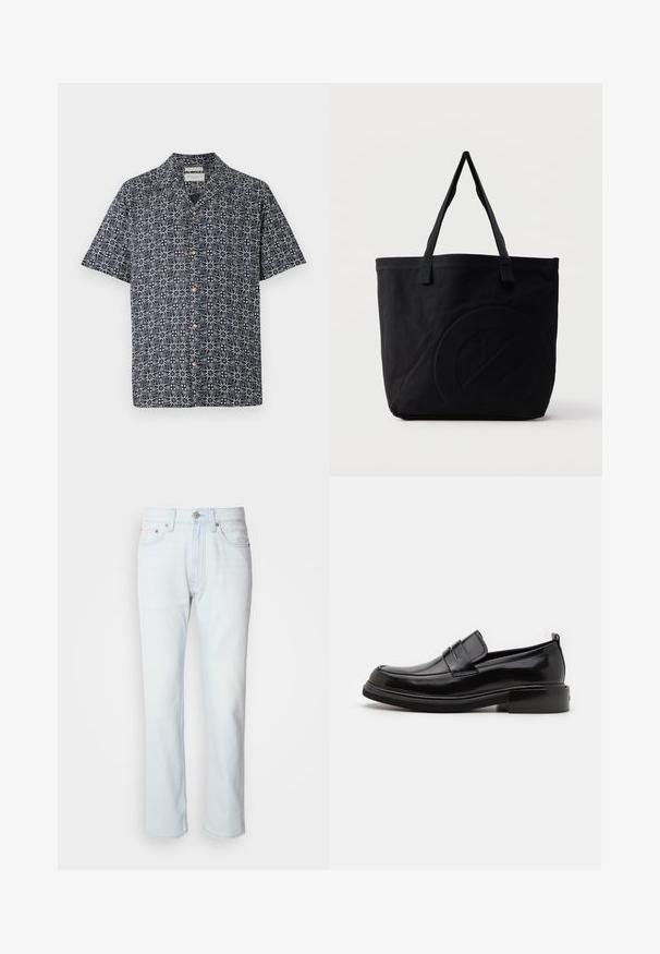 Chemise à manches courtes en navy avec un motif abstrait blanc, dotée d'un bouton devant et d'un col. Tissu doux avec une coupe décontractée.; Jean en denim bleu clair avec une coupe droite. Présente une fermeture à bouton et des passants de ceinture, mettant en valeur une texture décolorée et des coutures minimalistes.; Calvin Klein MOCCASIN - Mocassins de ville - black; Sac fourre-tout en toile noire avec deux bandoulières et un motif circulaire discret en relief sur le devant.