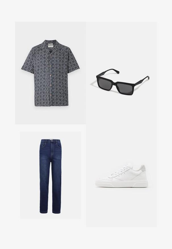 Chemise à manches courtes en navy avec un motif abstrait blanc, dotée d'un bouton devant et d'un col. Tissu doux avec une coupe décontractée.; Jean en denim bleu foncé, avec un design à jambe droite, cinq poches, une fermeture à bouton et de subtils détails de couture horizontale.; Des baskets en cuir blanc avec une finition lisse, un bout rond, des lacets plats et une semelle texturée. Accents en daim gris au niveau du talon.; Lunettes de soleil noires avec des verres rectangulaires, finition mate, épaisses montures et branches fines comprenant un subtil détail de marque.