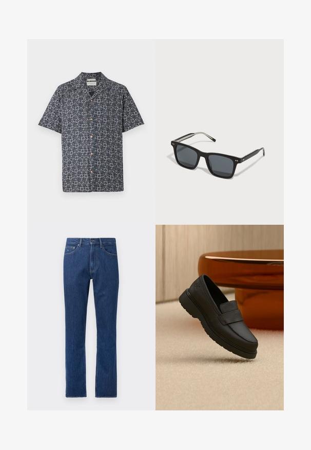 Kortærmet skjorte i marineblå med et hvidt abstrakt mønster, featuring knaplukning foran og krave. Blødt stof med en afslappet pasform.; Mørkeblå denimjeans med lige ben, forlommer og syningsdetaljer. Standard taljebånd og knaplukning. Ingen pynt.; Sort læderloafer med tyk sål, svævende over beige tæppe, med rundt brunt bord i baggrunden.; Sorte firkantede solbriller med mørke linser, plastikramme, metalaccenter og signaturlogo på bøjen. Slank design med et moderne udseende.