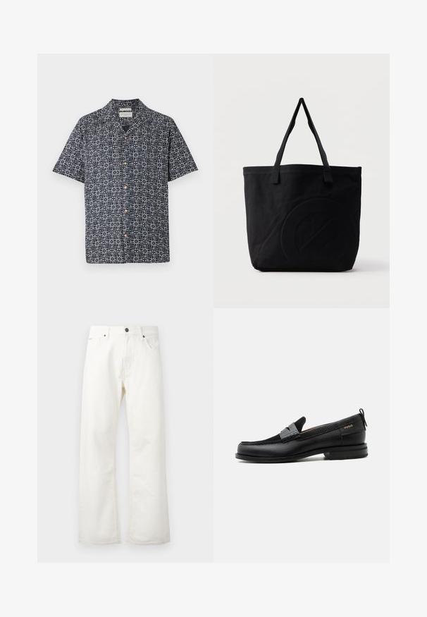 Kortærmet skjorte i marineblå med et hvidt abstrakt mønster, featuring knaplukning foran og krave. Blødt stof med en afslappet pasform.; Hvide flared jeans lavet af denim, med en standard talje, forlommer og knaplukning. Struktureret stof med en ren finish.; Sort læderloafer med grå remdetalje, lav hæl og tekstureret sål, mærket med "HUGO" i guld på siden.; Sort canvas-tote-taske med to skulderstropper og et diskret præget cirkeldesign på fronten.
