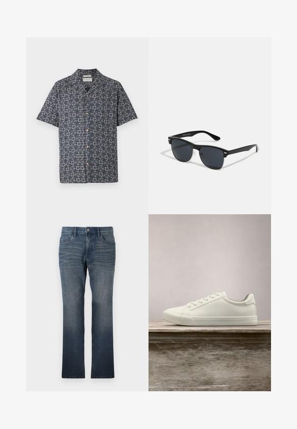 Chemise à manches courtes en navy avec un motif abstrait blanc, dotée d'un bouton devant et d'un col. Tissu doux avec une coupe décontractée.; TOM TAILOR MARVIN - Jean droit - dark stone wash denim; Sneaker en dentelle blanche flottant au-dessus d'un banc en bois avec un feuillage vert en arrière-plan, mettant en valeur le design et la texture de la chaussure.; Lunettes de soleil noires de forme rectangulaire, verres foncés, accents argentés aux tempes et finition mate sur la monture.