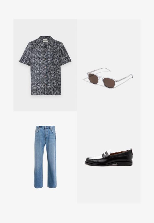 Chemise à manches courtes en navy avec un motif abstrait blanc, dotée d'un bouton devant et d'un col. Tissu doux avec une coupe décontractée.; Jeans en denim bleu clair avec une coupe droite, cinq poches, fermeture à bouton, peu d'usure et des détails de couture contrastés.; Mocassin en cuir noir et blanc avec des détails cousus, un petit talon et un design slip-on, présenté de profil sur un fond uni.; Lunettes de soleil en plastique transparent avec des verres marron rectangulaires, dotées de branches fines et transparentes ainsi que d'accents en métal sur les tempes.