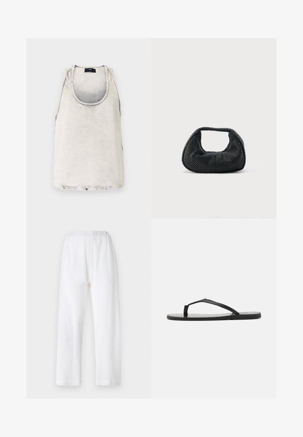 Débardeur en coton de couleur blanc délavé avec un décolleté en bateau et des coutures latérales. Présente une texture subtile et une petite étiquette de marque au niveau du décolleté.; Pantalons blancs amples avec une taille élastique, fabriqués en tissu texturé. Design à jambe droite avec des ourlets simples.; Tongs noires au design minimaliste, avec des sangles fines et une semelle plate. Le matériau semble être du plastique avec une texture lisse.; Sac hobo tissé noir avec une structure souple et une poignée intégrée, présenté sur un fond clair uni.
