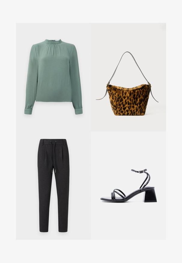 Blusa de manga larga en tela verde suave, con cuello alto con volantes, detalles fruncidos en el pecho y puños con botones.; Pantalones gris oscuro con un patrón de rayas, que cuentan con una cintura con cordón, frente con pliegues y piernas acampanadas. Hechos de telar.; Sandalia negra con tiras, abierta en la punta, con hebilla en el tobillo y tacón cuadrado, vista lateral sobre un fondo claro y liso.; Bolso de imitación de piel de leopardo con una textura suave, forma ligeramente cónica y asa de cuero negro con acentos en dorado.