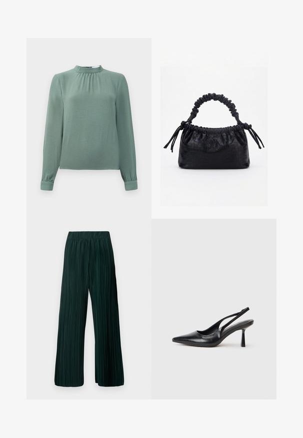 Blusa de manga larga en tela verde suave, con cuello alto con volantes, detalles fruncidos en el pecho y puños con botones.; Pantalones de pierna ancha con pliegues en verde oscuro. Fabricados con un tejido suave y un diseño texturizado, con una cinturilla elástica para mayor comodidad.; Zapato de tacón alto negro de cuero con puntera afilada y tacón delgado sobre un fondo blanco.; Bolso negro con textura de cocodrilo, borde superior fruncido, asa recogida y cordones con borlas en cada lado sobre un fondo blanco.