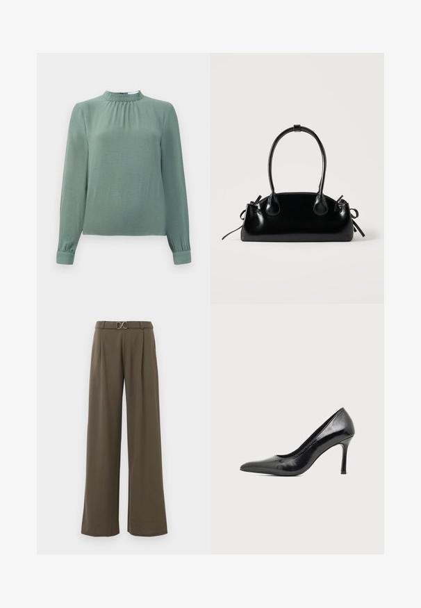 Blusa de manga larga en tela verde suave, con cuello alto con volantes, detalles fruncidos en el pecho y puños con botones.; Pantalones de pierna ancha en tejido verde oliva oscuro que presentan una cintura con cinturón y una hebilla circular dorada, además de pliegues frontales para un detalle adicional.; Zapato de tacón alto de mujer en piel negra patentada, con punta puntiaguda y tacón delgado, sobre un fondo claro y liso.; Pequeño bolso negro brillante con dos asas largas y detalles de cordón lateral sobre un fondo claro liso.