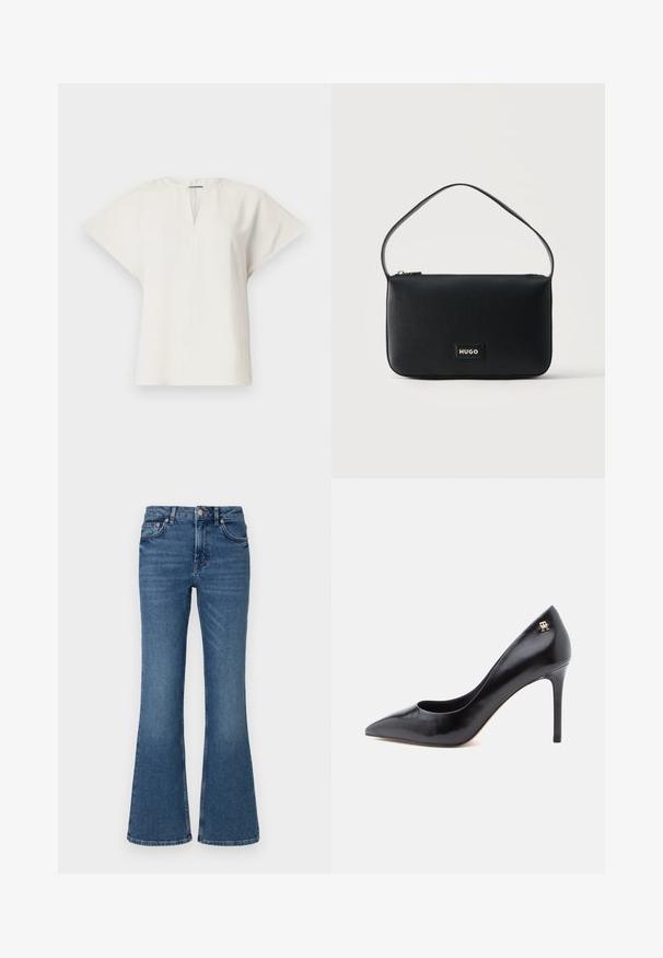 Haut blanc à manches courtes avec un décolleté en V et une silhouette décontractée. Tissu lisse avec un éclat subtil et fentes latérales pour un confort de mouvement.; Jean bleu évasé en denim, avec une taille mi-haute, des poches avant et une finition délavée, avec des coutures visibles le long des seams.; Escarpin en cuir noir à talon haut avec un bout pointu, présentant un design ajouré et un petit logo doré sur le talon.; Sac d'épaule rectangulaire en cuir noir avec une petite plaque logo "HUGO" en or et une seule fine bandoulière.
