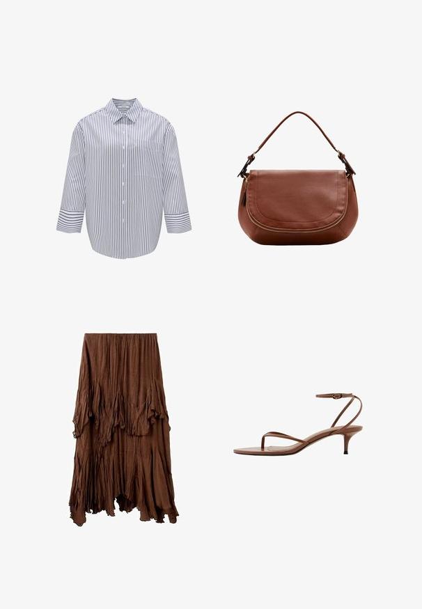 Chemise à rayures, à col, avec une base blanche et des rayures verticales bleu marine. Elle possède une poche poitrine et des manches larges trois-quarts.; Jupe marron froissée avec un ourlet asymétrique et des détails de tissu superposés et drapés créant un effet texturé et fluide.; Sandale à talons hauts en cuir marron avec fines brides, boucle d'orteil et boucle à la cheville sur un talon kitten.; Sac à bandoulière en cuir marron avec rabat arrondi et détail de fermeture éclair dorée, doté d'une bandoulière réglable unique.