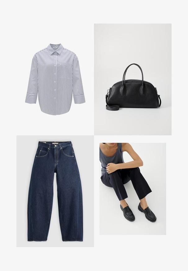 Gestreept overhemd met kraag, witte basis en donkerblauwe verticale strepen. Bevat een borstzak en brede driekwartmouwen.; Donkerblauwe denim jeans met een losse fit, lichte stiksels, vijf zakken en een knoopsluiting op de taille.; Zwarte leren loafers met textuurelementen, lage hak, ronde neus en zichtbare stiksels. Model draagt donkere broek en een grijze top.; Zwarte leren handtas met een ronde vorm, dubbele handvatten aan de bovenkant, gestructureerd oppervlak en een afneembare schouderband. Twee hexagonale accenten aan de zijkanten.