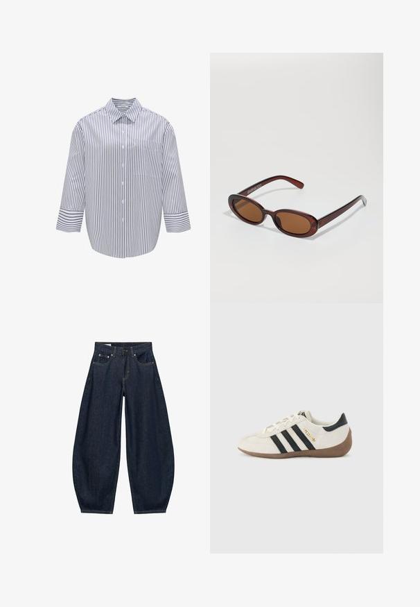 Gestreept overhemd met kraag, witte basis en donkerblauwe verticale strepen. Bevat een borstzak en brede driekwartmouwen.; Donkerblauwe denim jeans met wijde pijpen, voorzakken, riemlussen en een knoopsluiting in de taille.; Witte Adidas-sneaker met zwarte strepen, bruine gestructureerde zool en gouden "SPEZIAL"-letters aan de zijkant, gezien vanaf de buitenkant.; Ronde, bruin getinte zonnebril met een glanzend bordeauxrood frame. Slanke pootjes met subtiele merkdetails. Vlakke lensontwerp.