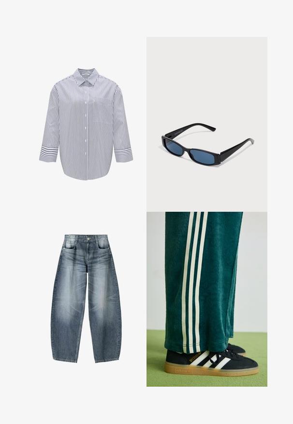 Gestreiftes Hemd mit Kragen, weißer Grundfarbe und dunkelblauen vertikalen Streifen. Verfügt über eine Brusttasche und breite, dreiviertellange Ärmel.; Weite Jeans aus hellblauem Denim mit Ausbleichungen, im fünf-Taschen-Design, mit Knopfverschluss und minimalen Nähtelementen.; Grüne strukturierte Hose mit weißen Seitenstreifen, kombiniert mit schwarzen Adidas Turnschuhen, die drei weiße Streifen und eine Gummisohle haben.; Schwarze Sonnenbrille mit einem eleganten rechteckigen Rahmen und blauen Gläsern. Besitzt eine glatte Oberfläche und robuste Scharniere. Markenlogo an der Seite.