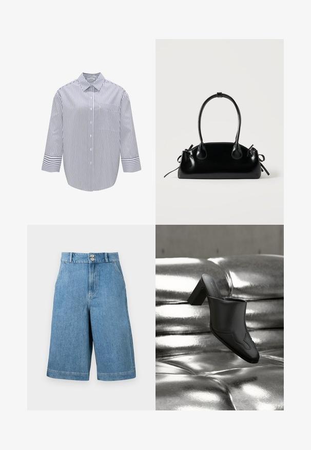 Gestreept overhemd met kraag, witte basis en donkerblauwe verticale strepen. Bevat een borstzak en brede driekwartmouwen.; Blauwe denim shorts met hoge taille en wijde pijpen, voorzien van twee voorzakken, riemlussen en een dubbele knoopsluiting, tegen een effen achtergrond.; Zwarte leren mule met blokhak, rustend op een glanzend zilveren gestoffeerde oppervlakte, die het strakke ontwerp en de afgeronde details benadrukt.; Kleine zwarte glanzende handtas met twee lange hengsels en zijkant trekkoord details op een effen lichte achtergrond.