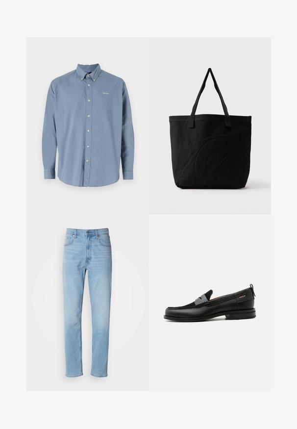 Helles blaues Langarmhemd mit Button-Down-Kragen, vorderen Knöpfen und gesticktem "Barbour"-Logo. Hergestellt aus weichem, strukturiertem Stoff.; Hellblaue Jeans mit geradem Schnitt, fünf Taschen und Gürtelschlaufen. Der Stoff hat eine glatte Textur mit einem leichten Verblassungseffekt.; Schwarzer Lederloafer mit grauem Riemendetail, niedrigem Absatz und strukturierter Sohle, seitlich mit „HUGO“ in Gold gebrandmarkt.; Schwarze Canvas-Shopper-Tasche mit zwei Schulterriemen und einem dezenten, eingeprägten kreisförmigen Design auf der Vorderseite.