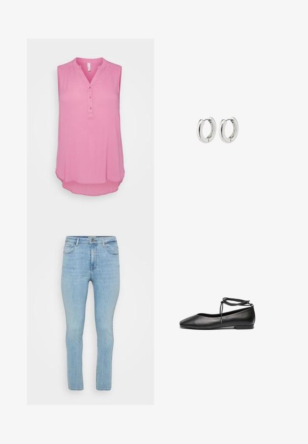 Ermeløs lyserød blouse med v-hals og femknaps lukning. Blødt stof med en let tekstureret overflade og en afrundet kant.; Lyseblå denimjeans med slim fit, der har fem lommer, bæltestropper og en standard lynlås med knaplukning.; Sorte læder ballerinaer med spids tå, flad hæl og snørredetalje om anklen. Glat tekstur, minimalistisk design.; Sølv hoops øreringe med en poleret finish, der har et cirkulært design og sømløse hængsler, hvilket giver en glat tekstur.