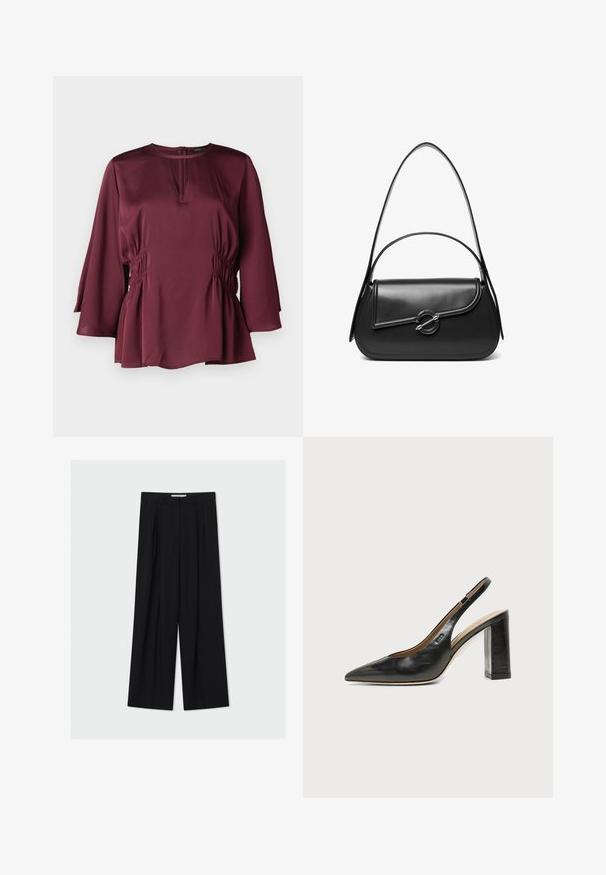 Bordeaux blouse met een ronde halslijn, lange belmouwen en geplooide zijdetails. Gemaakt van een zachte stof met een losse pasvorm.; Zwarte, wijde broek met hoge taille, riemlussen en plooien aan de voorkant, weergegeven tegen een lichtgrijze achtergrond.; Zwarte leren slingback schoen met spits toelopend neusje, hoge blokhak en beige binnenvoering tegen een effen lichte achtergrond.; Zwarte leren schoudertas met een gebogen klep die is bevestigd met een ronde metalen sluiting en een smalle, verstelbare band.
