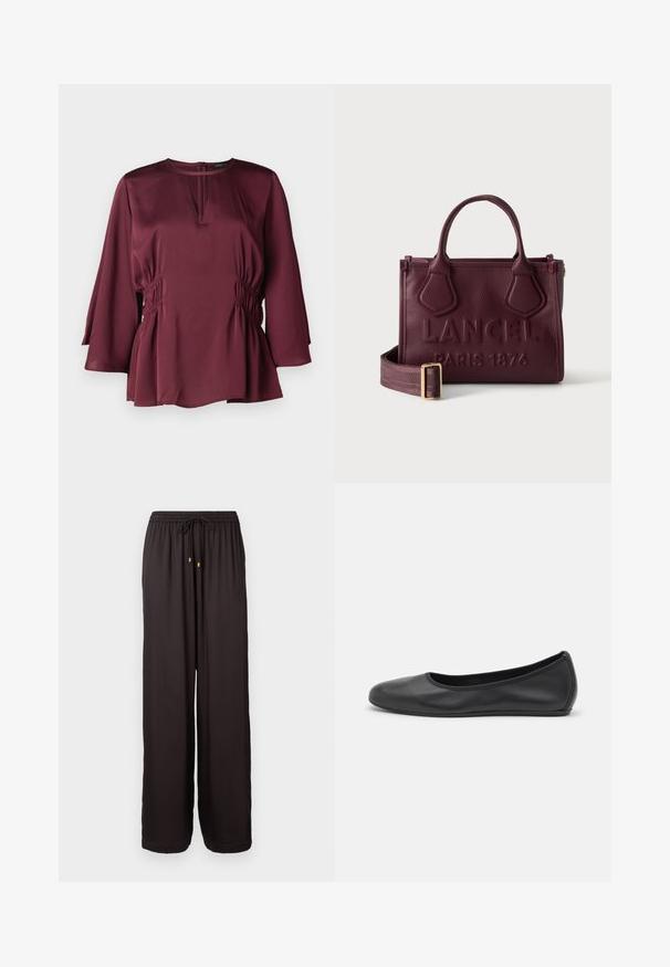 Bordeauxfarbene Bluse mit einem runden Ausschnitt, langen Glockenärmeln und gerafften seitlichen Details. Hergestellt aus glattem Stoff mit lockerer Passform.; Locker sitzende schwarze Hose mit elastischem Bund und Zugband mit goldfarbigen Spitzen, mit vollem Bein und geradem Schnitt.; Schwarze Leder-Ballettschuhe mit abgerundeter Spitze, glatter Textur, minimalen Nähdetails und einem flexiblen Sohlen-Design.; Tief bordeauxrote Lederhandtasche mit zwei Griffen, verstellbarem Schulterriemen und geprägt "LANCEL PARIS 1876" Logo auf der Vorderseite.