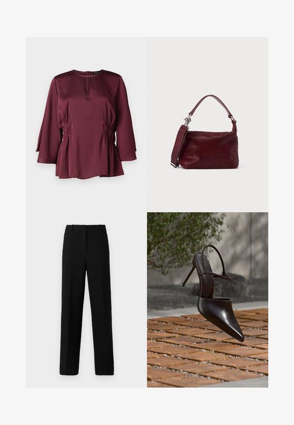 Bordeaux blouse met een ronde halslijn, lange belmouwen en geplooide zijdetails. Gemaakt van een zachte stof met een losse pasvorm.; Zwarte broek met een rechte pasvorm, gemaakt van textured stof, met een vlakke voorkant, twee scherpe plooien en ceintuurlussen.; Glanzende zwarte hoge hak mule met spitse neus en enkelriem, zwevend boven een oppervlak met terracottategels en grindvoegen.; Kleine rechthoekige bordeauxrode handtas met gestructureerde afwerking, korte handgreep en afneembare schouderriem op een effen lichte achtergrond.