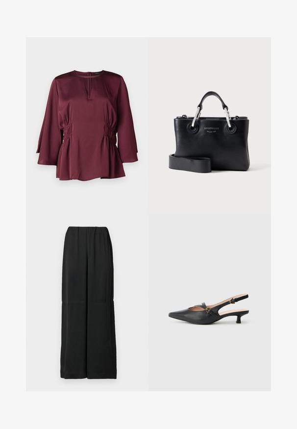 Blusa burdeos con escote redondo, mangas largas tipo campana y detalles acanalados en los lados. Fabricada en tejido suave con un corte holgado.; Pantalones negros de pierna ancha hechos de tela suave, con una cintura elástica y un diseño limpio y minimalista. Sin bolsillos ni adornos.; Zapato de salón slingback de cuero negro con puntera puntiaguda, tacón pequeño, diseño recortado y detalle de hebilla dorada en la correa.; Bolso de mano de cuero negro con dos asas metálicas plateadas, correa de hombro desmontable y logotipo en relieve de "Emporio Armani Milano 1981" en el frente.