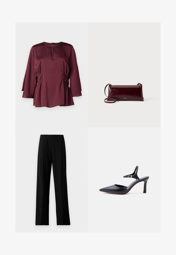 Bordeauxfarbene Bluse mit einem runden Ausschnitt, langen Glockenärmeln und gerafften seitlichen Details. Hergestellt aus glattem Stoff mit lockerer Passform.; Schwarze weit geschnittene Hosen aus glattem Stoff, mit einem flachen Bund und vorderen Falten für einen maßgeschneiderten Look. Keine sichtbaren Beschläge oder Muster.; Schwarzer spitzer High Heel mit dünnem Knöchelriemen und silberner Schnalle, glatte Lederoberfläche, eleganter Damenschuh.; Burgunderfarbene Leder-Umhängetasche mit glatter Textur, rechteckiger Form, Klappenverschluss und einem dünnen, verstellbaren Trageriemen. Sichtbares goldfarbenes Logodesign.