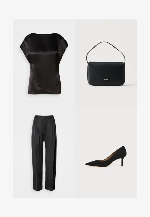 Top en satin noir avec un col bateau, des manches courtes et un léger éclat. Présente une fermeture éclair dissimulée au dos. Texture lisse.; Pantalon noir à jambes larges en tissu lisse, avec plis sur le devant, braguette zippée et ceinture classique.; Escarpin en daim noir à bout pointu avec un talon stiletto fin de hauteur moyenne et un design à coupe basse sur un fond uni.; Sac d'épaule rectangulaire en cuir noir avec une petite plaque logo "HUGO" en or et une seule fine bandoulière.