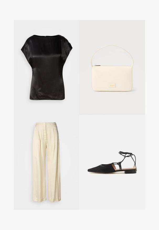 Top en satin noir avec un col bateau, des manches courtes et un léger éclat. Présente une fermeture éclair dissimulée au dos. Texture lisse.; Pantalon en soie crème taille haute avec plis, jambes larges et fermeture éclair avant dissimulée sur un fond blanc uni.; Chaussure plate noire avec un bout pointu, dessus texturé, liens autour de la cheville et un petit talon carré. Présente un motif subtil sur le matériau.; Sac à main rectangulaire de couleur crème avec une seule sangle et une fermeture éclair sur le dessus, comportant une petite plaque de logo embossé à l'avant.