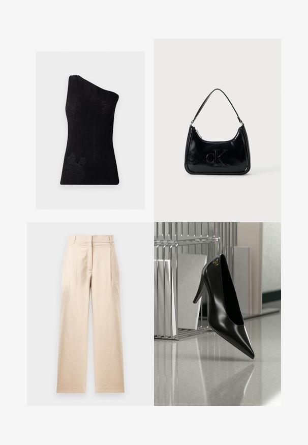 Haut noir à une épaule en tissu texturé, présentant un motif en côtes et une coupe ajustée. Fini lisse sans matériel visible.; Pantalon beige en tissu lisse. Présente une coupe droite, un devant plat et deux plis. Sans motifs visibles ni accessoires.; Chaussure noire à talon haut avec bout pointu et logo doré, posée sur une surface réfléchissante près d'un organiseur de dossiers en fil chromé contenant des documents.; Sac à main en cuir verni noir avec une anse incurvée, fermeture éclair et logo "cK" embossé sur le devant. Texture lisse, forme structurée.