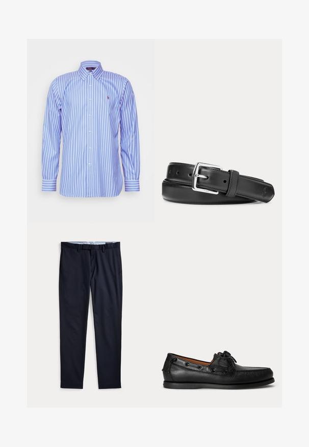 Polo Ralph Lauren CUSTOM FIT STRIPED PINPOINT OXFORD SHIRT - Vapaa-ajan kauluspaita - blue/white; Laivastonsiniset miesten juhlahousut, joissa on vyölenkit, vetskariisi ja sivutaskut, asetettuna tasaisesti valkoiselle taustalle.; Musta nahkainen mokkasiini, jossa nyöritys ja matala kumipohja, sivulta kuvattuna vaalealla taustalla.; Musta nahkavyö hopeanvärisellä suorakaiteen muotoisella soljella, kierrettynä valkoisella taustalla, jossa hienovarainen kohokuvioitu logo kärjessä.