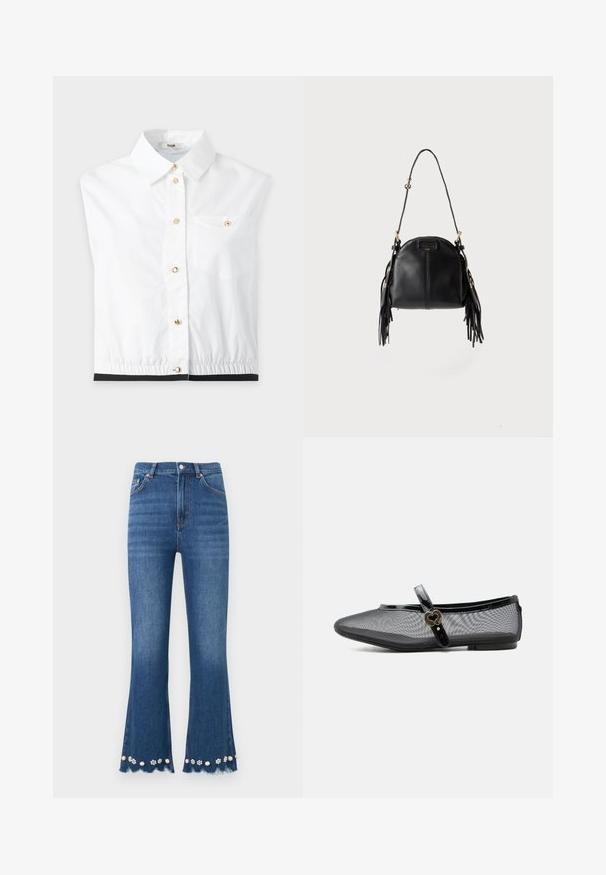 Chemise blanche sans manches avec boutons dorés, col, petite poche poitrine et ourlet élastique sur fond uni.; Jean en denim bleu moyen avec jambes évasées, ourlets effilochés et ornements décoratifs de perles et de fleurs le long des bords inférieurs.; Chaussure plate Mary Jane en mesh noir avec bride brillante et boucle dorée en forme de cœur, petit talon et bout arrondi sur fond uni.; Sac à main en cuir noir avec une forme courbée, une longue bandoulière réglable et des franges de chaque côté sur un fond clair.