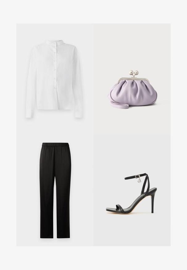 Witte lange mouwen blouse met mandarijnkraag en verborgen knoopsluiting, weergegeven op een witte achtergrond.; Zwarte rechte broek met een elastische tailleband, gladde stof en geen zichtbare zakken of versieringen, weergegeven op een witte achtergrond.; Zwarte sandaal met hoge hak, smalle enkelband, vierkante neus, soepel leermateriaal en metalen gespsluiting.; Zachte lavendelkleurige clutch met geplooide stof, zilveren kiss-lock sluiting en bijpassend polsbandje op een effen lichte achtergrond.