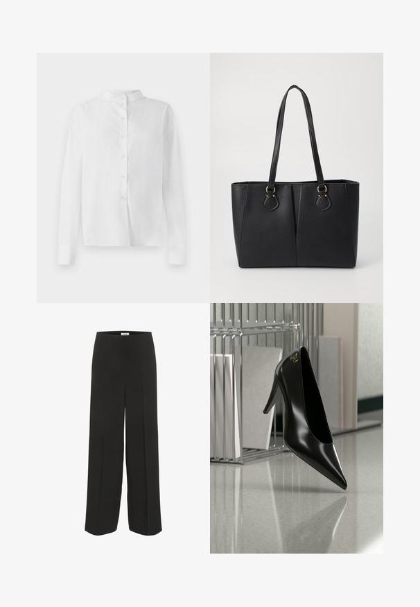 Camisa blanca de manga larga con cuello mao y botonera oculta, presentada sobre fondo blanco.; Pantalones negros de pierna ancha con cintura alta y detalles sutiles de pliegue, diseñados para un ajuste relajado y elegante.; Zapato de tacón alto negro con punta afilada y logo dorado, colocado sobre una superficie reflectante cerca de un organizador de archivos de alambre cromado con documentos.; Bolso tote de cuero sintético negro con un acabado texturizado, dos asas largas y detalles en tono dorado en el lateral. Forma rectangular.