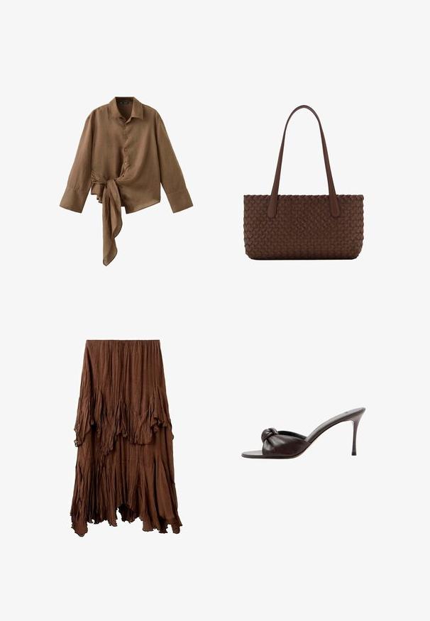 Chemise marron à manches longues avec boutons, larges poignets et détail asymétrique avec nœud à la taille.; Jupe marron froissée avec un ourlet asymétrique et des détails de tissu superposés et drapés créant un effet texturé et fluide.; Mule en cuir marron foncé à talon haut avec un bout ouvert et un détail de nœud sur la bride avant.; Sac à main en cuir marron avec un motif tissé, avec deux longues anses fines pour un port à l'épaule.