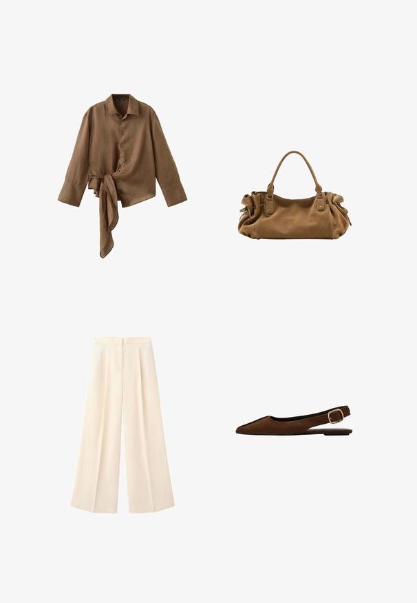 Chemise marron à manches longues avec boutons, larges poignets et détail asymétrique avec nœud à la taille.; Pantalon crème taille haute à jambes larges avec plis devant et fermeture dissimulée par boutons et zip.; Chaussure plate slingback en daim marron à bout pointu avec une bride à boucle dorée et une fine semelle noire.; Sac à main en daim marron doux avec une poignée supérieure unique et des détails latéraux froncés maintenus par des sangles en cuir et des anneaux métalliques.