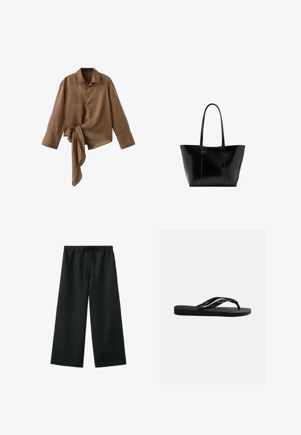 Chemise marron à manches longues avec boutons, larges poignets et détail asymétrique avec nœud à la taille.; Pantalon noir à jambes larges avec taille élastique, boutons à l'avant et cordon de serrage, conçu pour une coupe décontractée.; Sandale tong noire en caoutchouc avec semelle texturée et brides lisses, vue de côté sur un fond gris clair uni.; Grand sac fourre-tout noir avec de longues poignées et une texture en cuir lisse légèrement brillante, centré sur un fond blanc.