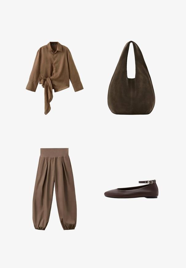 Chemise marron à manches longues avec boutons, larges poignets et détail asymétrique avec nœud à la taille.; Pantalon ample marron taille haute avec poignets élastiques froncés et plis avant, présenté sur un fond blanc.; Chaussure plate marron foncé avec bout arrondi et bride de cheville réglable avec boucle argentée sur fond blanc.; Sac hobo en daim marron foncé doux avec une large bandoulière unique et un fond arrondi sur fond blanc.