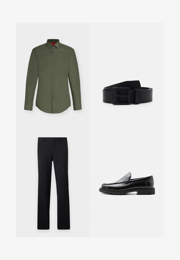Chemise habillée homme à manches longues vert olive avec boutonnage frontal et col pointu, présentée sur un fond uni clair.; Pantalons noirs ajustés avec une coupe droite, des plis marqués et une finition lisse. Fabriqués en tissu léger avec une taille nette.; Mocassin en cuir noir avec semelle en caoutchouc épaisse, dessus cousu et nom de marque embossé sur le talon, présenté de profil sur fond blanc.; Ceinture en cuir noir à finition mate, présentant une boucle en métal rectangulaire et une texture lisse. Design simple sans motifs ni accents.
