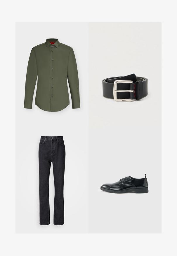 Chemise habillée homme à manches longues vert olive avec boutonnage frontal et col pointu, présentée sur un fond uni clair.; Jean en denim noir taille haute avec fermeture à bouton et à glissière, poches avant et arrière, et coupe droite.; Chaussure habillée en cuir noir brillant avec un petit talon, fermeture à lacets et bout rond, vue de côté sur un fond uni et clair.; Ceinture en cuir noir enroulée avec une boucle rectangulaire argentée ornée d'une petite gravure "HUGO" et un détail de couture rouge près de la boucle.