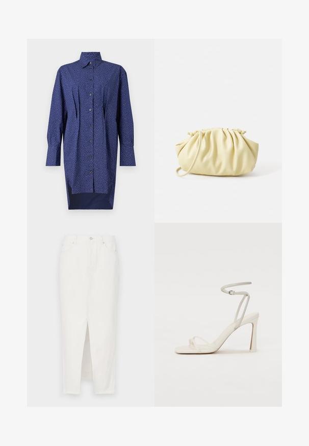 Vestido largo azul marino, con botones en la parte frontal, patrón de puntos blancos, cuello de camisa, mangas largas, aberturas laterales en el dobladillo, material de algodón.; Falda de mezclilla blanca con una abertura frontal, que presenta un cierre de botón y cremallera, cinco bolsillos y un dobladillo sin terminar en la parte inferior.; Sandalia blanca de tacón con una delgada correa en el tobillo y dos correas frontales. Textura de cuero suave con punta cuadrada y tacón brillante.; Bolso amarillo plisado hecho de cuero sintético suave, con una forma blanda y una sola correa para el hombro, además de un diseño de parte superior recogida.