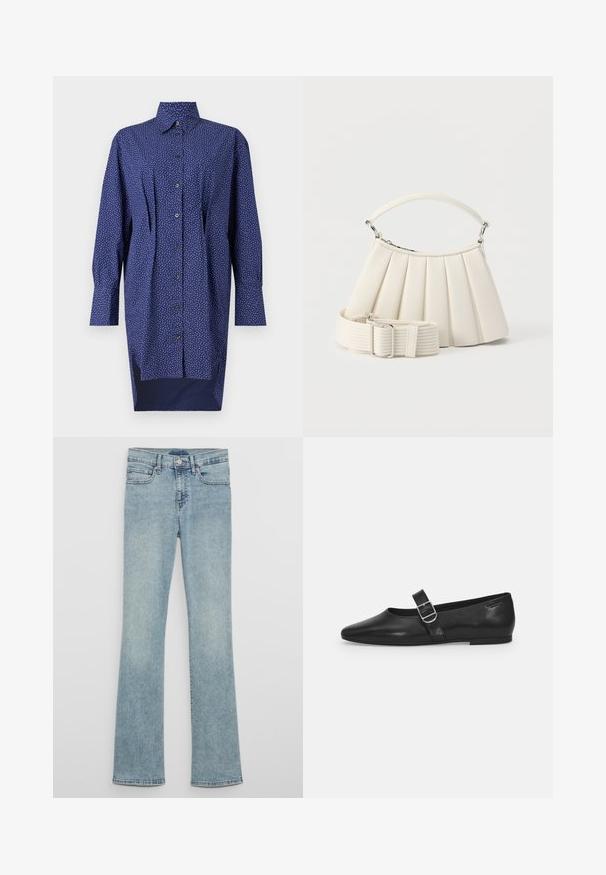 Mørkeblå lang skjortekjole, knaplukning fortil, hvid prikket mønster, krave, lange ærmer, sideslids ved kanten, bomuldsstof.; Lyseblå denim jeans med vidde, højtaljede, med bæltestropper, forlommer og en falmet vasketekstur.; Sorte læder flade sko med rund tå, et enkelt justerbart spænde og en glat, blank overflade. Minimalistisk design med en lav hæl.; Hvid plisseret håndtaske med kort håndtag og en bred aftagelig tekstureret skulderrem med sølvspænde.