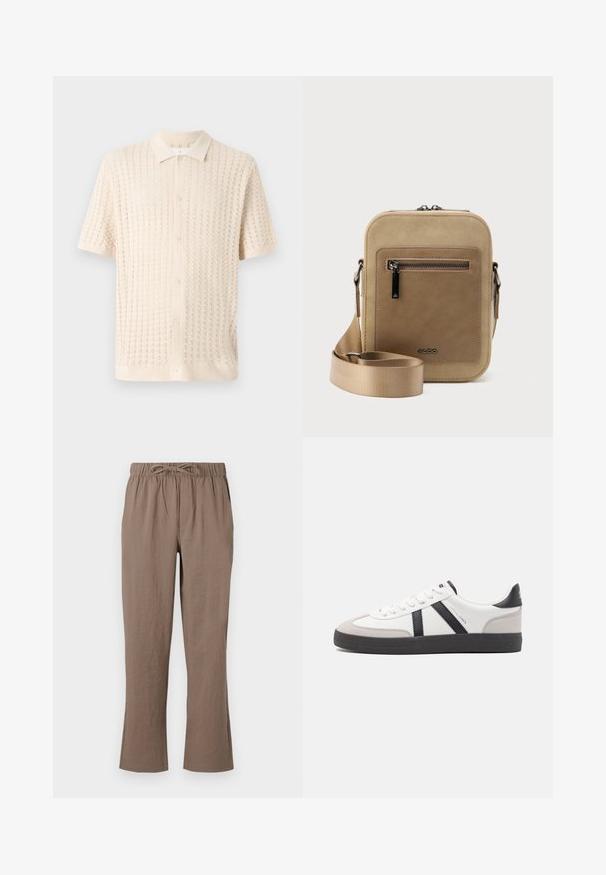 Chemise à manches courtes à boutons en crème clair, présentant un motif tricoté texturé avec un col et cinq boutons sur le devant.; Pantalons en coton marron avec une taille à cordon de serrage, une coupe large et une légère évasement aux chevilles ; texture lisse et sans motifs apparents.; Baskets blanches avec des accents noirs et gris, présentant un embout texturé gris, une semelle en caoutchouc noir et des lacets plats blancs. Design épuré, style minimaliste.; Petit sac bandoulière beige avec poche avant zippée, logo métallique ALDO, sangle large ajustable et forme rectangulaire arrondie sur fond blanc.