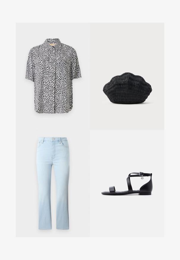 Lühikeste varrukatega särk kerge kangaga, mustade punktidega valge tausta peal, kahte esist taskut ja kraega kaelus.; FRAME THE REBOOT CROP - Bootcut-teksad - light blue; Mustad lamedad sandaalid pahklaiaga, avatud varbaosaga ja väikese ümmarguse metallist ripatsiga pandla lähedal, valgel ühtlasel taustal.; Mustast punutud käsitööna valmistatud käekott, mis on kujult fenkoli koore sarnane, ümaral küljel ja kootud tekstuuriga ning lihtsal taustal.