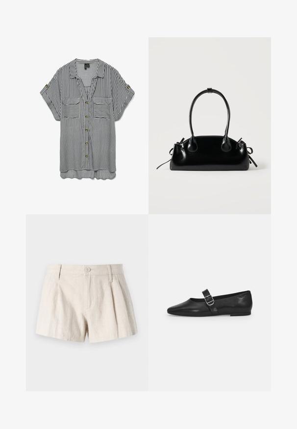 Sort og hvid kortærmet skjorte med lodrette striber, to forlommer og opsmøgede ærmer, der er fastgjort med knapper.; Linning shorts i en lys beige farve med plisseret design, frontknaplukning og en glat, struktureret finish.; Sorte læder flade sko med rund tå, et enkelt justerbart spænde og en glat, blank overflade. Minimalistisk design med en lav hæl.; Lille sort blank håndtaske med to lange håndtag og snøre-detaljer i siden på en ensfarvet lys baggrund.