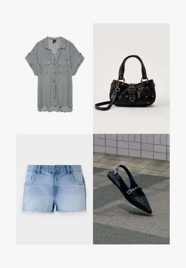 Sort og hvid kortærmet skjorte med lodrette striber, to forlommer og opsmøgede ærmer, der er fastgjort med knapper.; Lysblå denimshorts med frynset kant, fem lommer og lynlås foran. Har en falmet vask og lige pasform.; Sort flad slingback med spids tå og dobbelte spænder, hvilende på grå asfalt nær flisevæg.; Sort læderhåndtaske med guldbælge og nitdetaljer, korte håndtag og en justerbar skulderrem på en ensfarvet hvid baggrund.