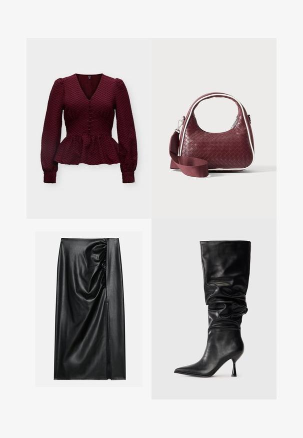 Blouse bordeaux texturée à manches longues avec col en V, boutons recouverts de tissu sur le devant, épaules bouffantes, taille cintrée et bas peplum.; Jupe en cuir noir avec une texture lisse, présentant une section froncée sur un côté et une fente sur le côté pour un détail supplémentaire.; Botte noire en cuir, hauteur genou, avec un design ample, bout pointu et talon aiguille fin, présentant une texture lisse et des accents minimaux.; Sac à main en cuir tressé marron foncé avec poignée courbée, garniture blanche, fermeture éclair argentée et bandoulière large en tissu amovible sur fond uni.